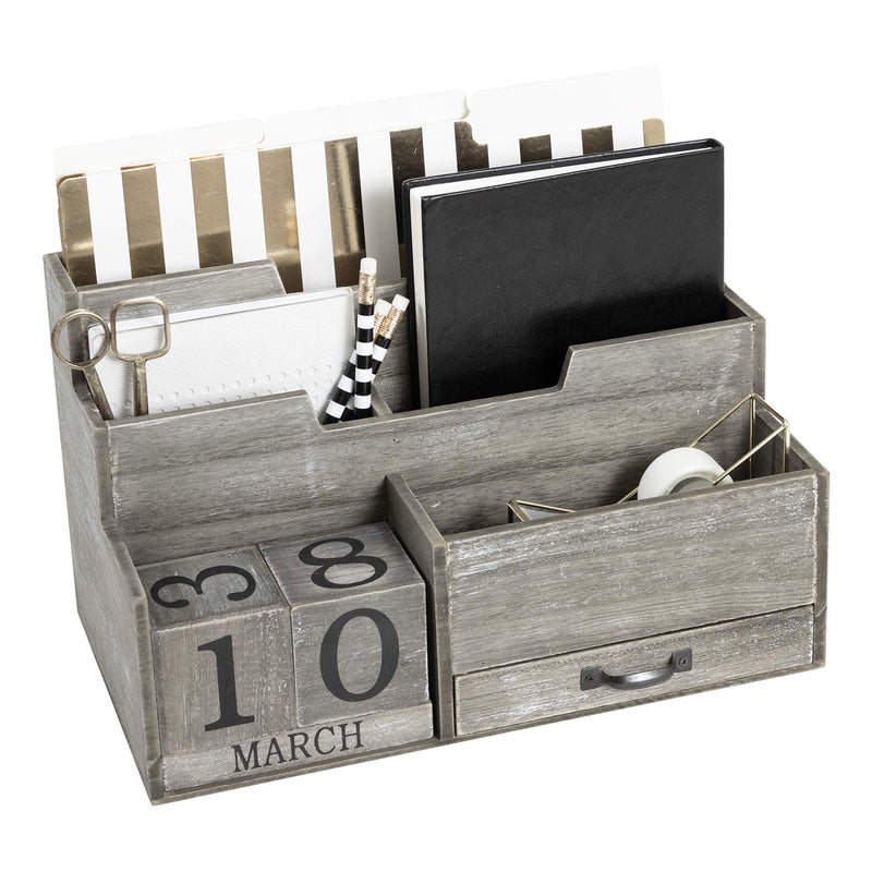 BLU MONACO | Dark Wooden Mail Organizer with Block Calendar | Two-Tier Mail Sorter, Drawer & Accessory Compartment | Desktop Organizer for Home or Womenâ€™s Office - Image 1